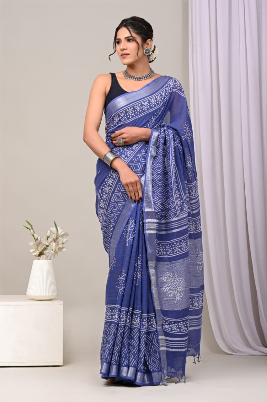 Blue Leaf Printed Pure Linen Saree with Blouse