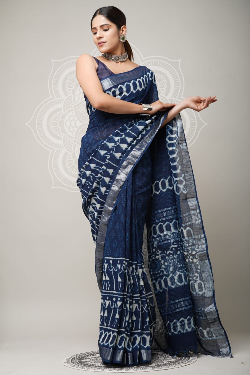 Blue Handblock Printed Pure Linen Saree with Blouse