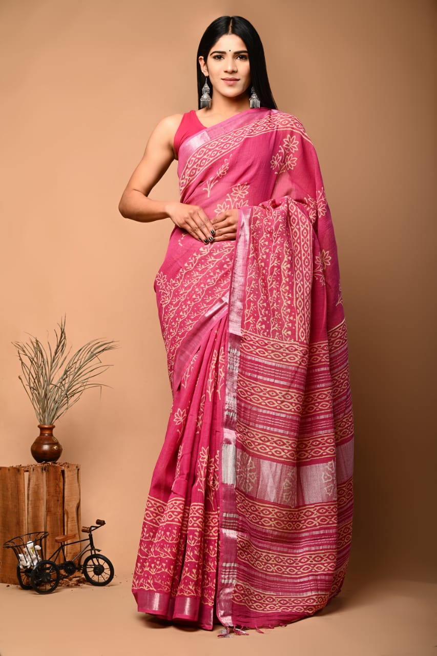 Pink Leaf Printed Pure Linen Saree with Blouse