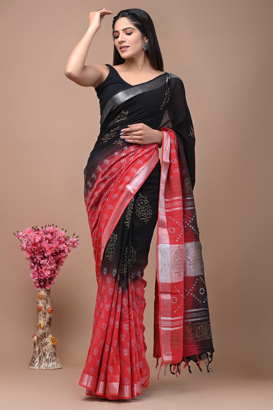 Black & Red Floral Printed Pure Linen Saree with Blouse
