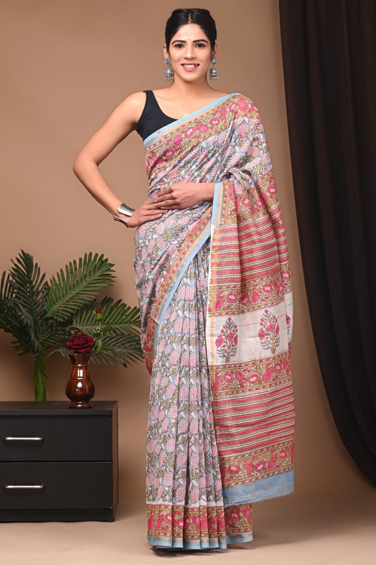 Light Pink Floral Print Pure Chanderi Silk Saree with Blouse
