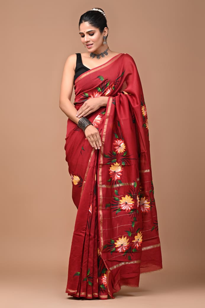 Dark Red Floral Print Pure Chanderi Silk Saree with Blouse