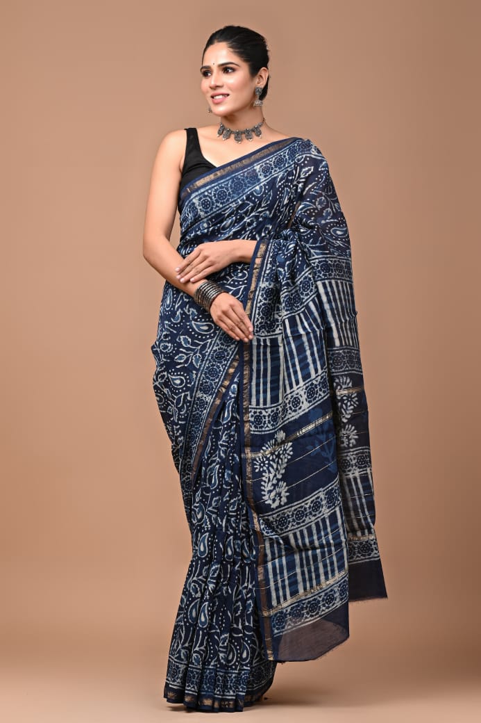 Blue Butti Print Pure Chanderi Silk Saree with Blouse