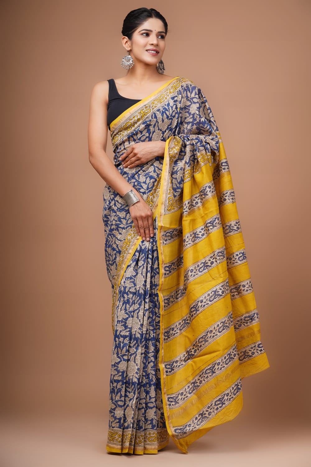 Blue & Yellow Floral Print Pure Chanderi Silk Saree with Blouse