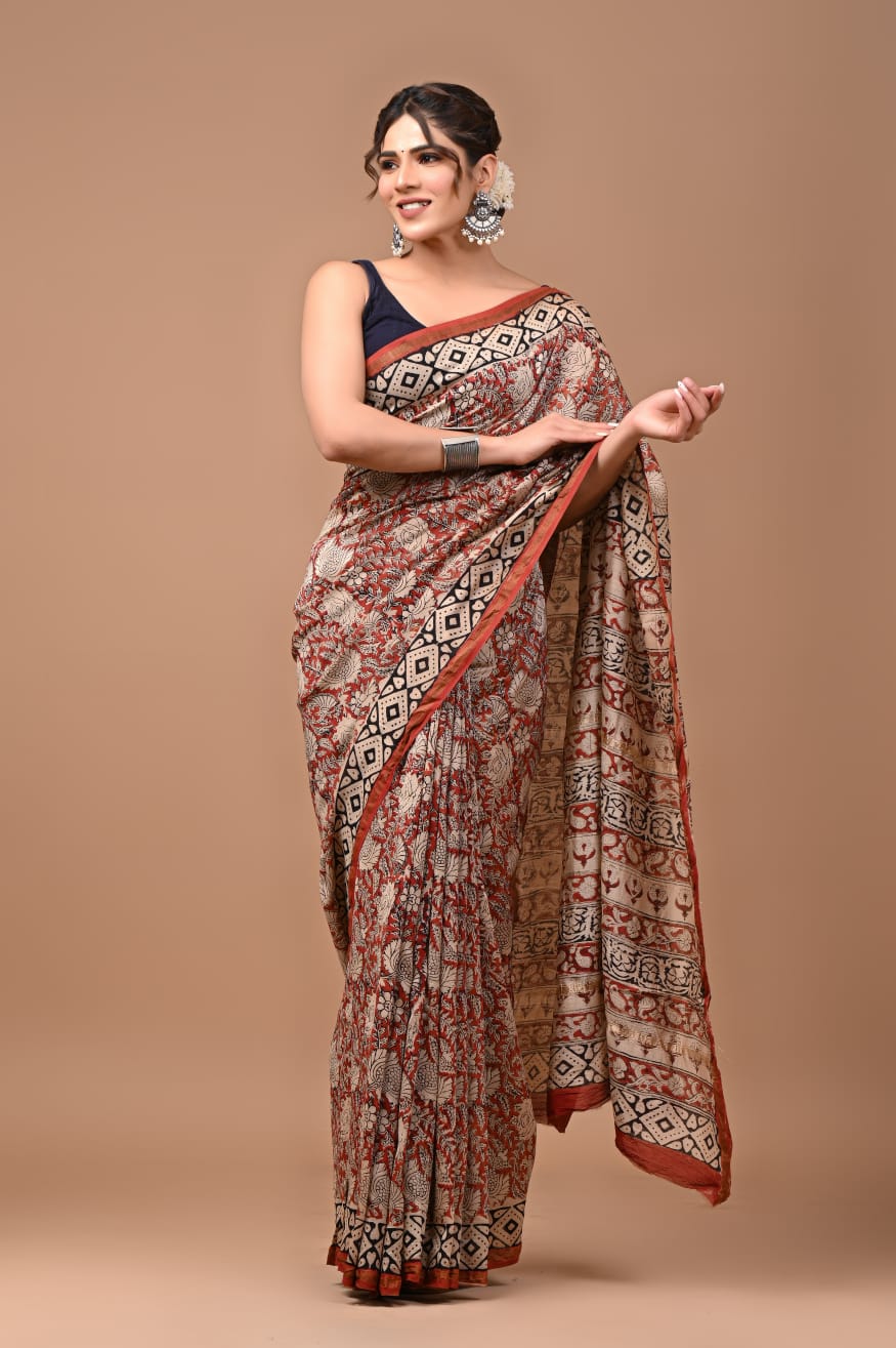 Red Floral Print Pure Chanderi Silk Saree with Blouse