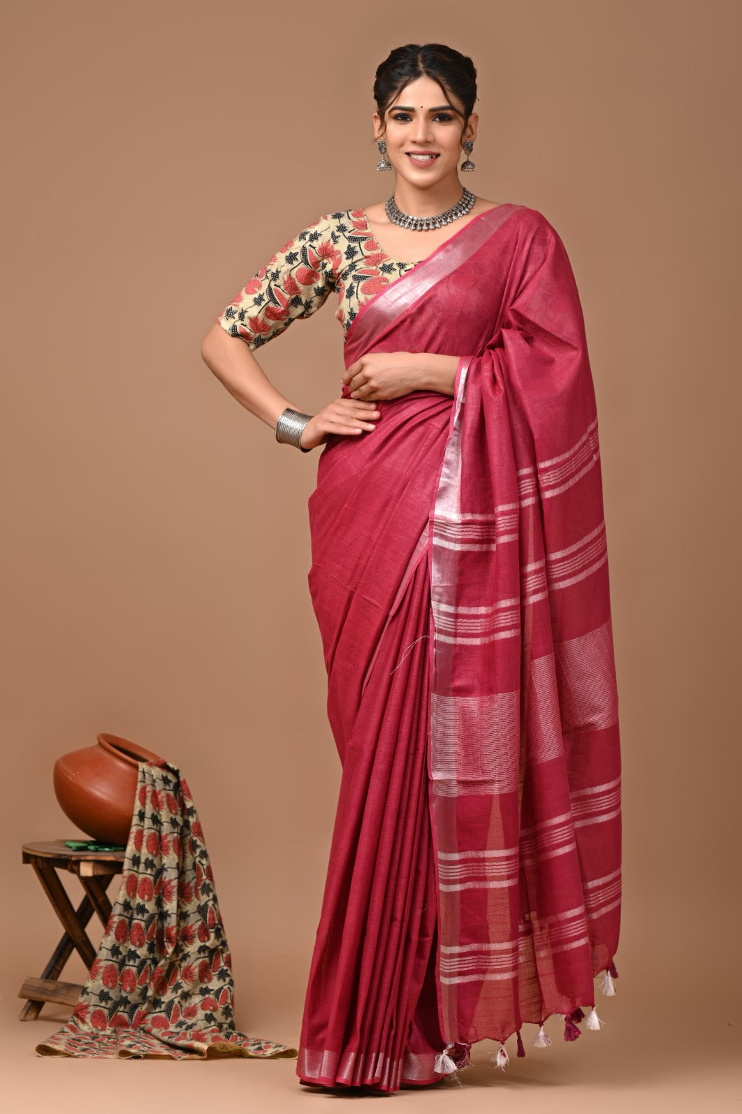 Maroon Linen Cotton Solid Plain Saree with Blouse