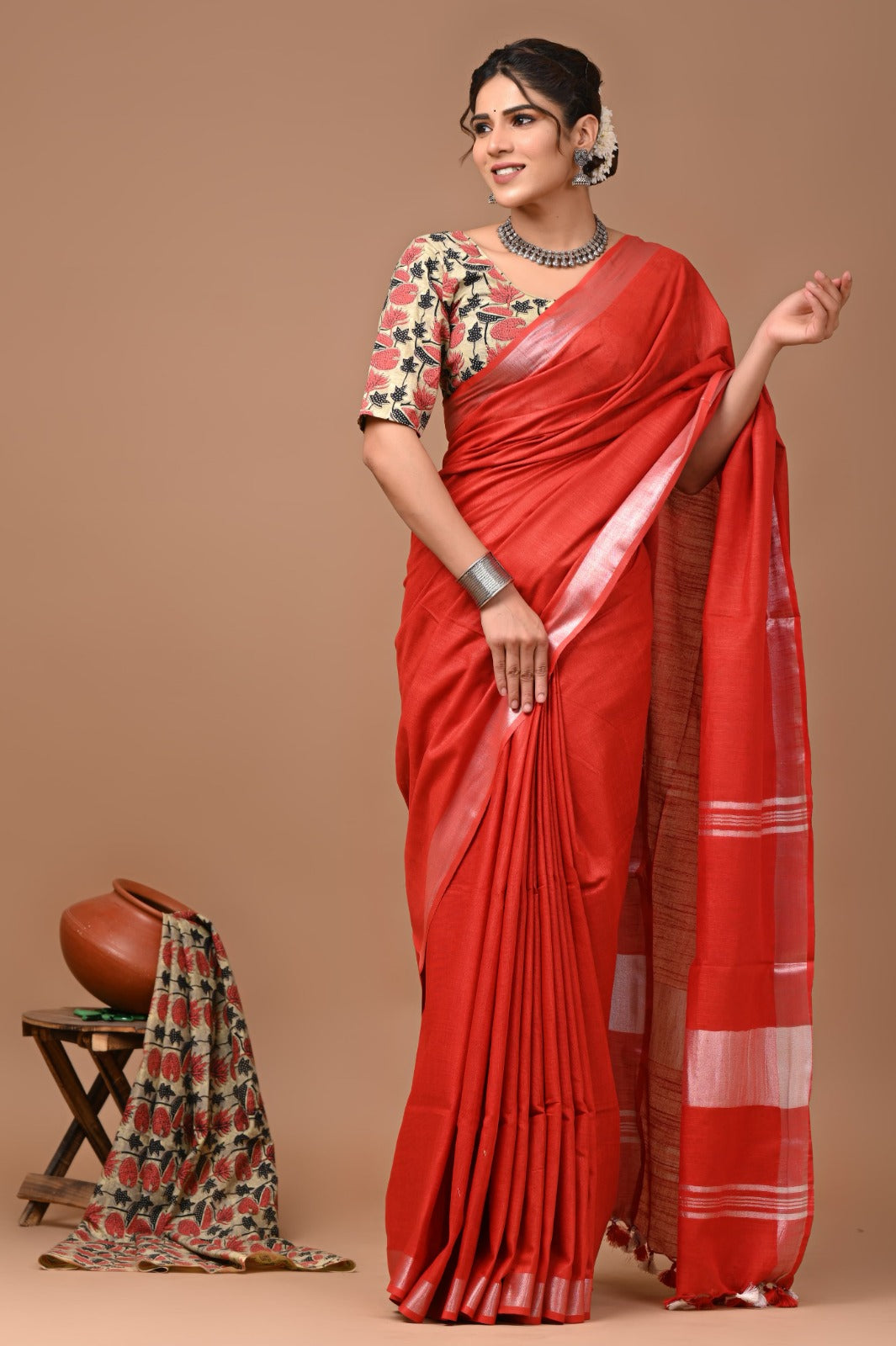 Red Linen Cotton Solid Plain Saree with Blouse