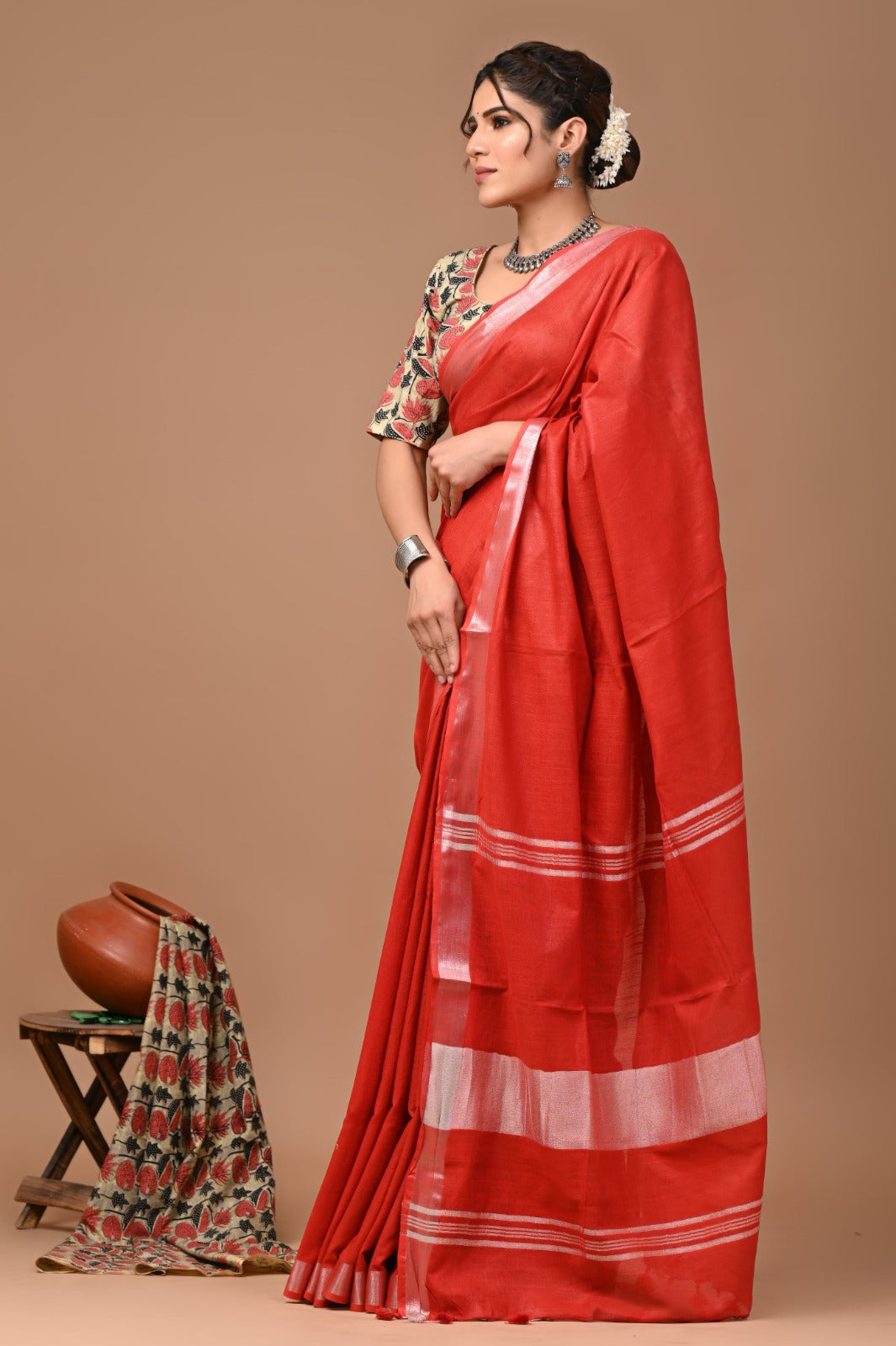Red Linen Cotton Solid Plain Saree with Blouse