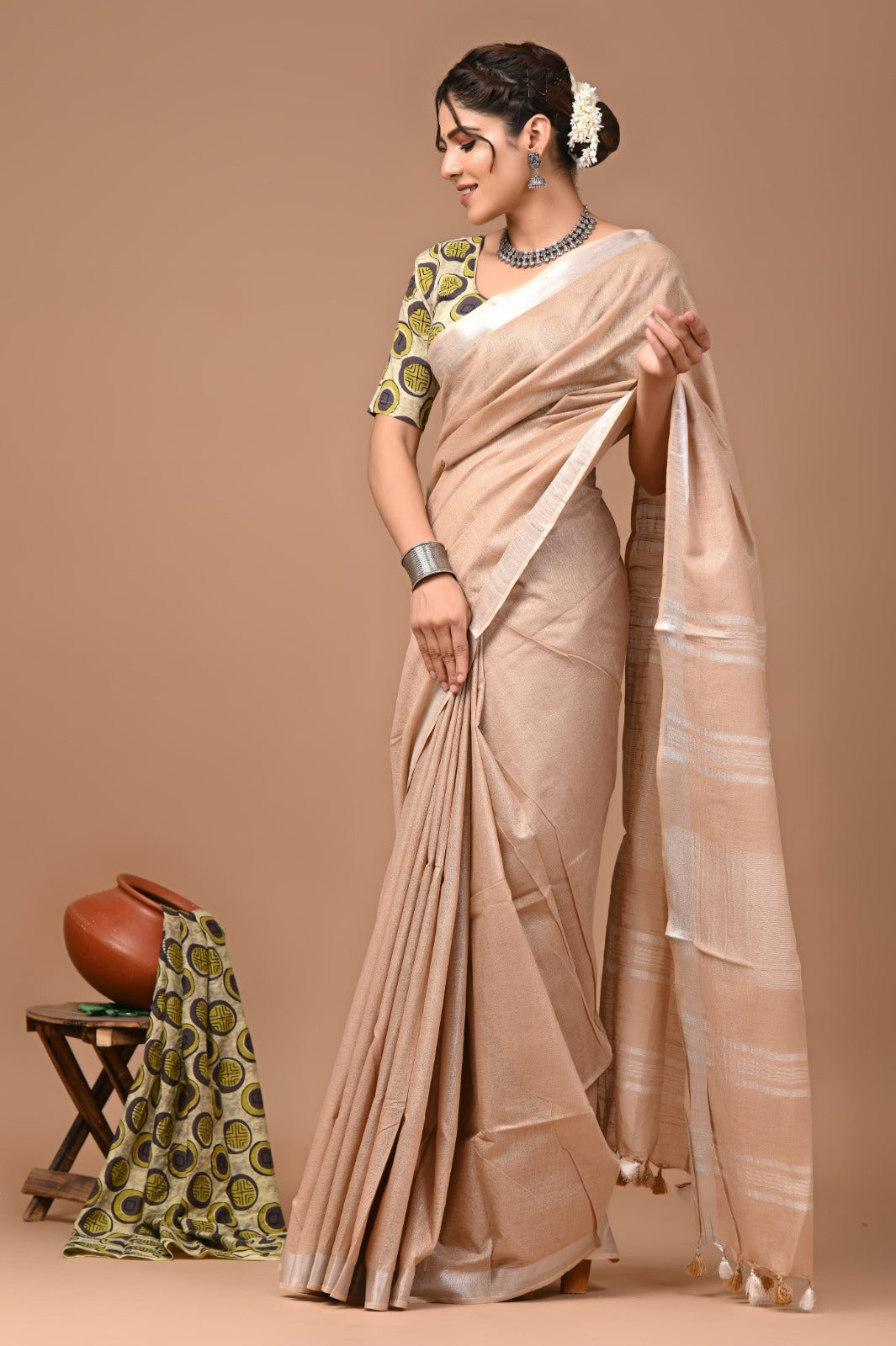Cream Linen Cotton Solid Plain Saree with Blouse