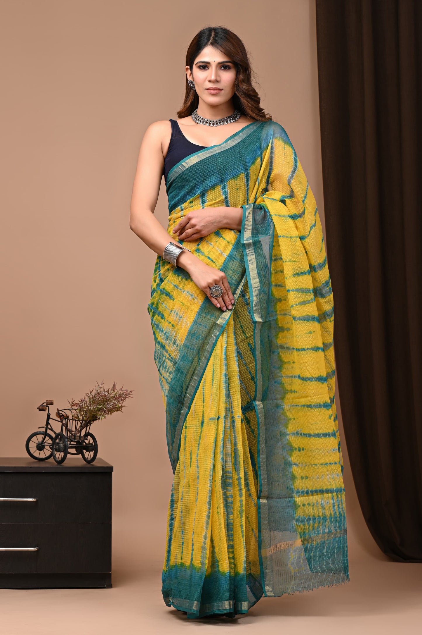 Mustard Abstract Printed Kota Doria Handblock Printed Saree