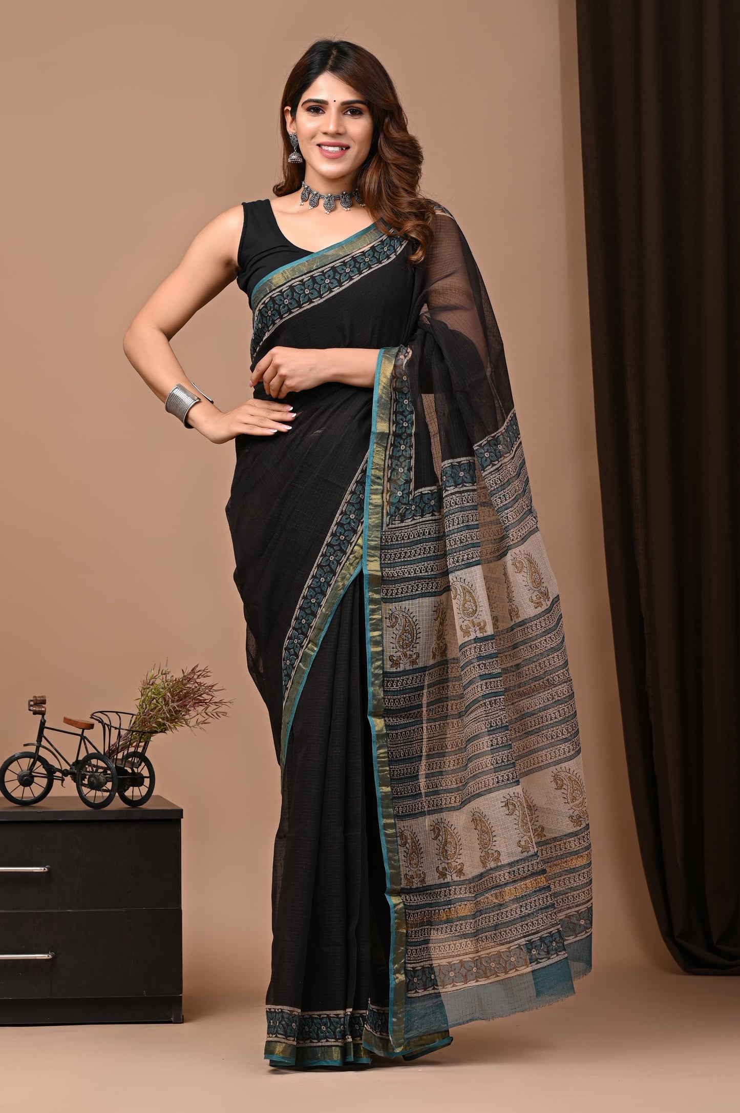 Black Butti Printed Kota Doria Handblock Saree