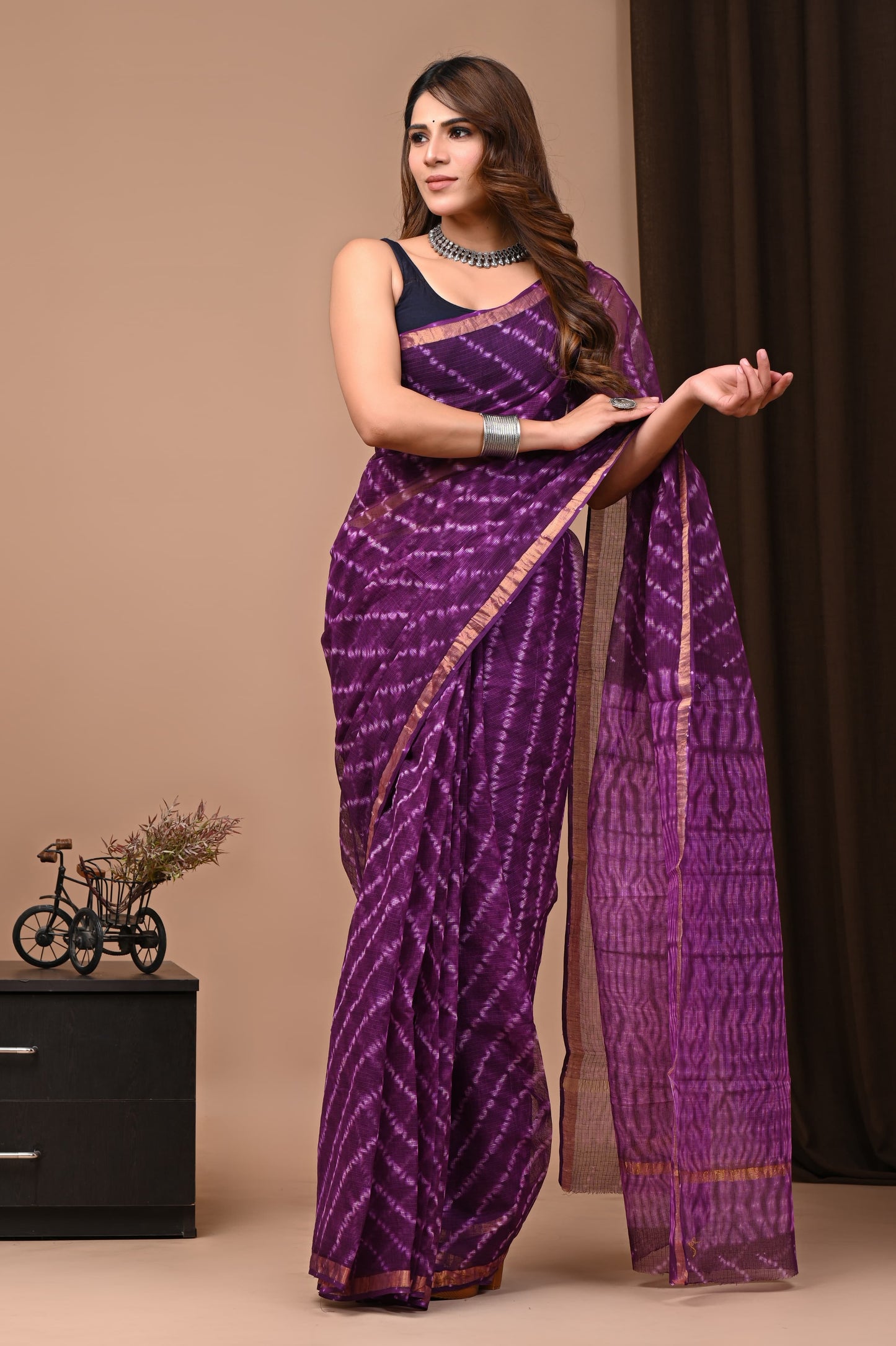 Purple Line Printed Kota Doria Handblock Saree