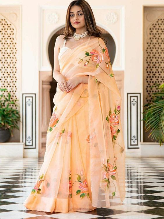 Peach Floral Hand-Painted Organza Saree with Blouse