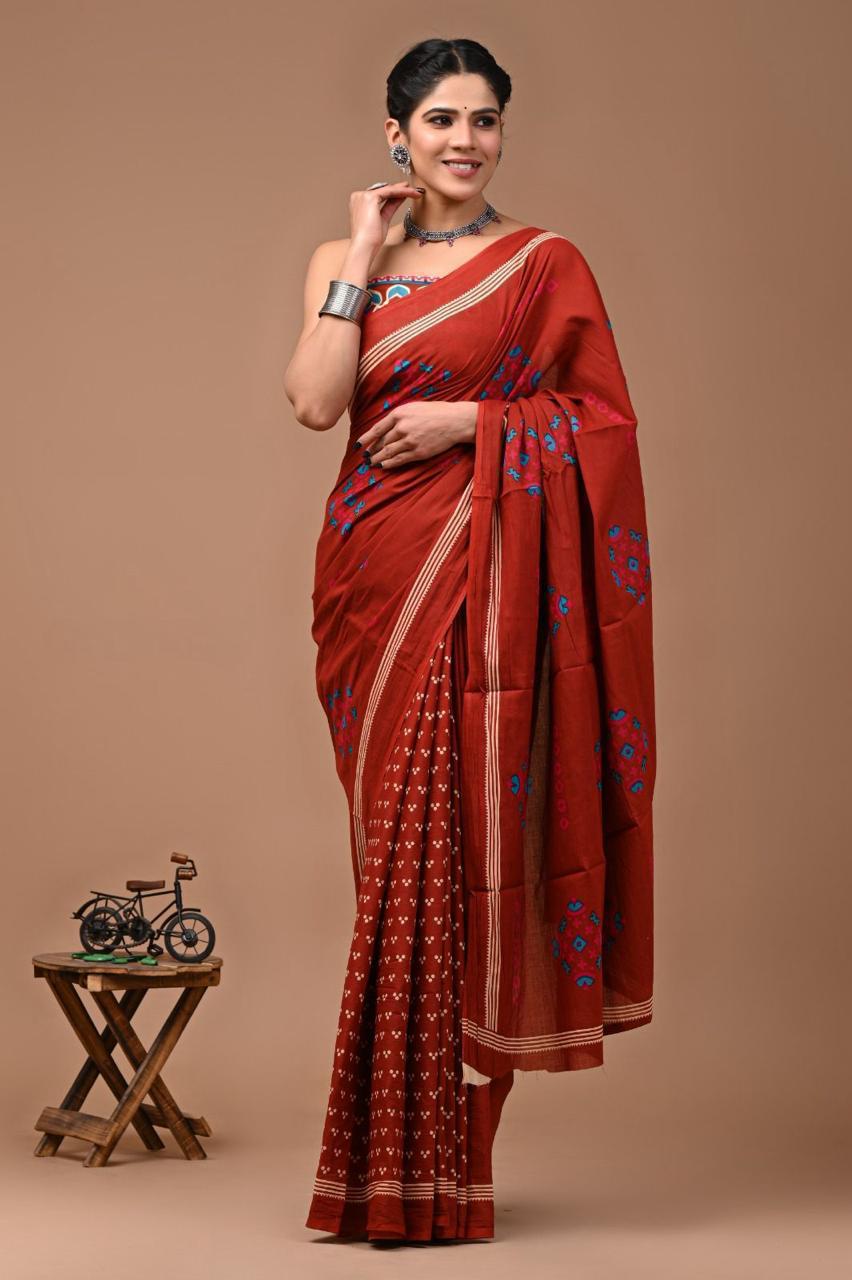 Red Floral Printed Mulmul Cotton Saree with Blouse