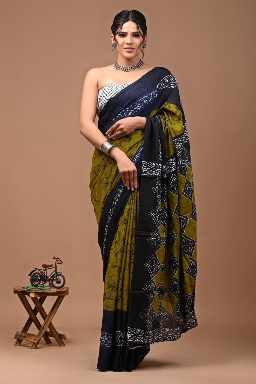 Dark Blue Green Floral Printed Mulmul Cotton Saree with Blouse