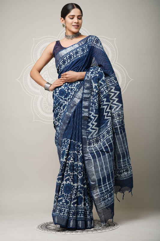 Dark Blue Handblock Printed Pure Linen Saree with Blouse