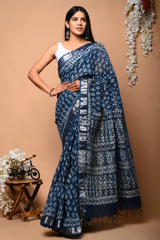 Blue Floral Printed Pure Linen Saree with Blouse