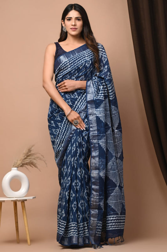 Blue Hanblock Printed Pure Linen Saree with Blouse