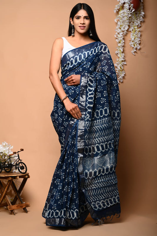 Blue Hanblock Printed Pure Linen Saree with Blouse