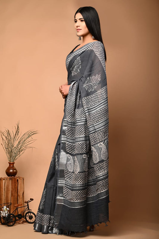 Gray Butti Printed Pure Linen Saree with Blouse