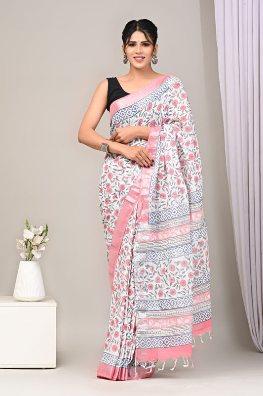 Pink Floral Printed Pure Linen Saree with Blouse