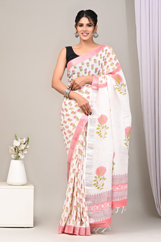 White Floral Printed Pure Linen Saree with Blouse
