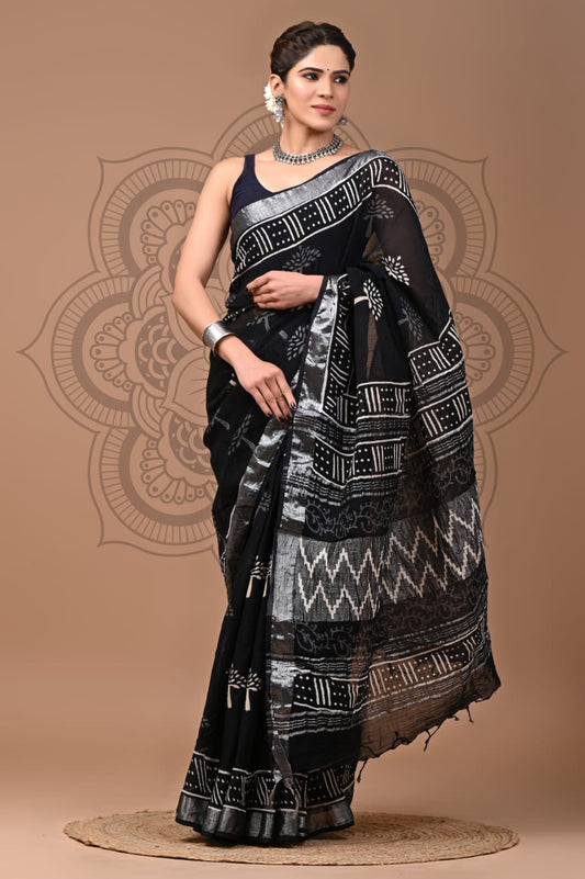 Black Leaf Printed Pure Linen Saree with Blouse