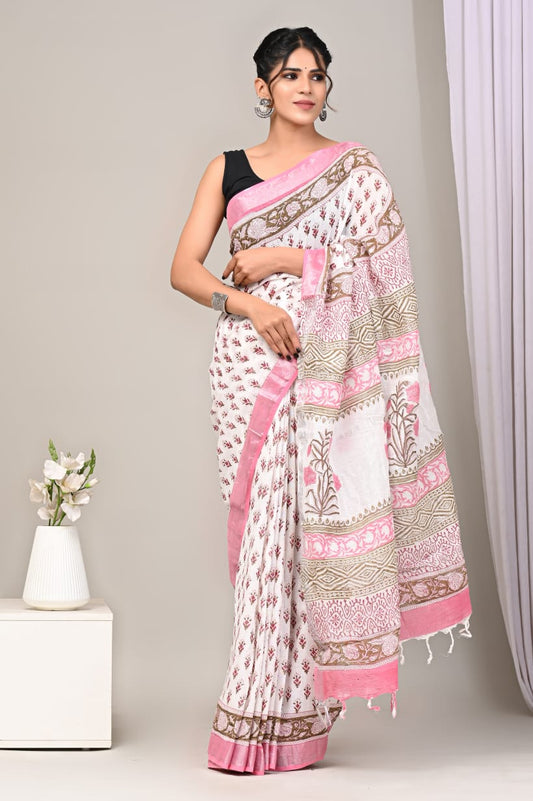 White & Pink Floral Printed Pure Linen Saree with Blouse