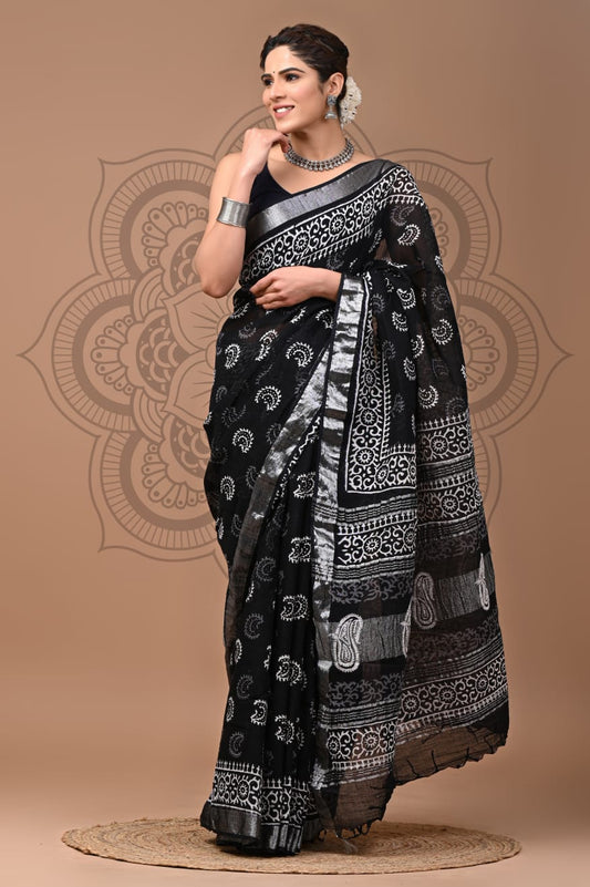 Black Butti Printed Pure Linen Saree with Blouse