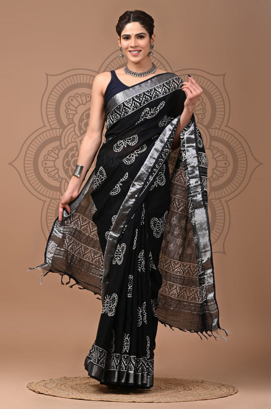 Black Butterfly Printed Pure Linen Saree with Blouse