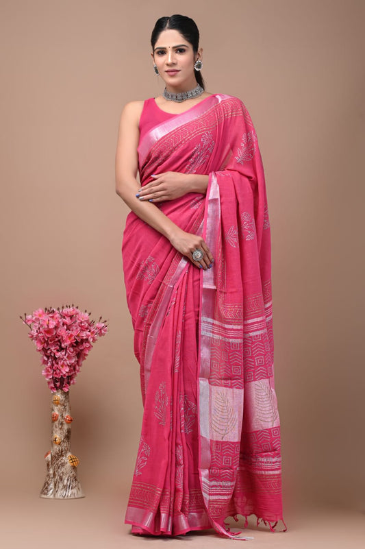 Rani Floral Printed Pure Linen Saree with Blouse
