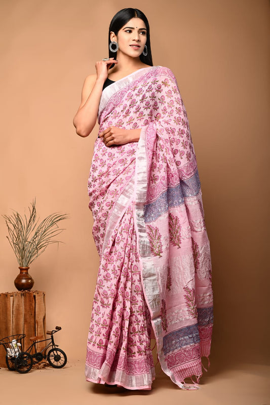 Peach Pink Floral Printed Pure Linen Saree with Blouse