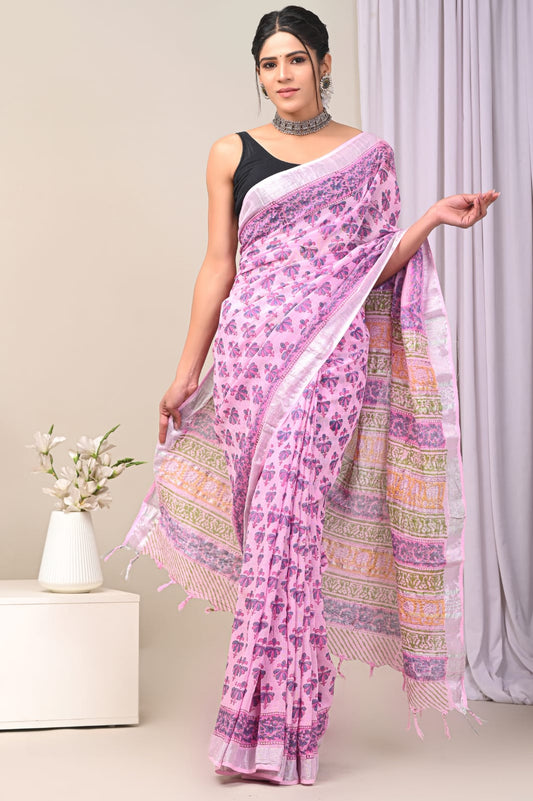 Light Pink Floral Printed Pure Linen Saree with Blouse