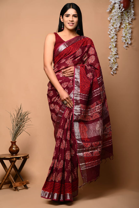 Maroon Floral Printed Pure Linen Saree with Blouse