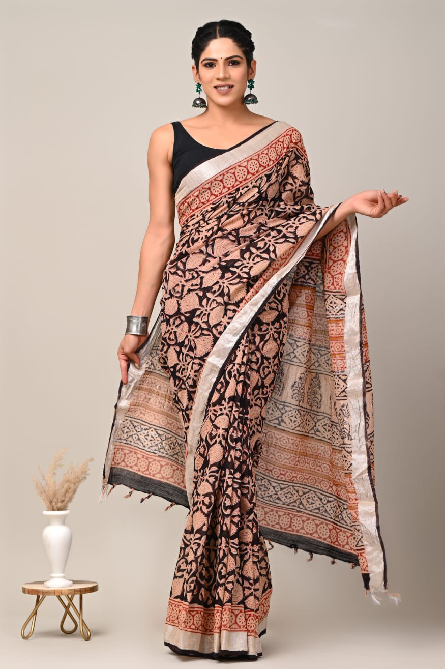 Black & Cream Floral Print Pure Linen Saree with Blouse