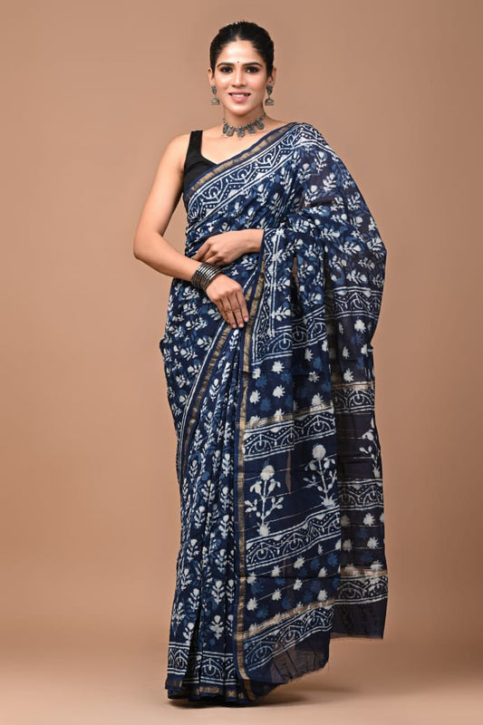 Dark Blue Floral Print Pure Chanderi Silk Saree with Blouse