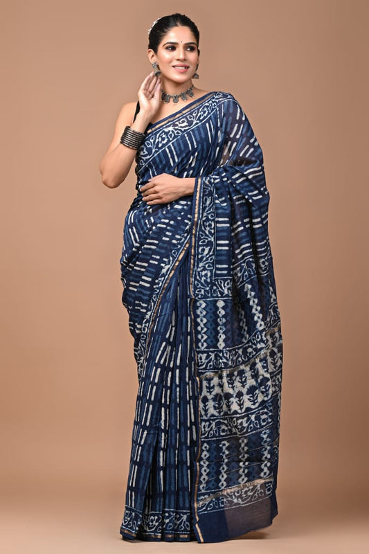 Dark Blue Handblock Print Pure Chanderi Silk Saree with Blouse