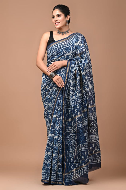 Blue Floral Print Pure Chanderi Silk Saree with Blouse