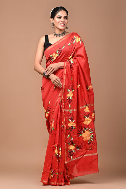 Red Floral Print Pure Chanderi Silk Saree with Blouse