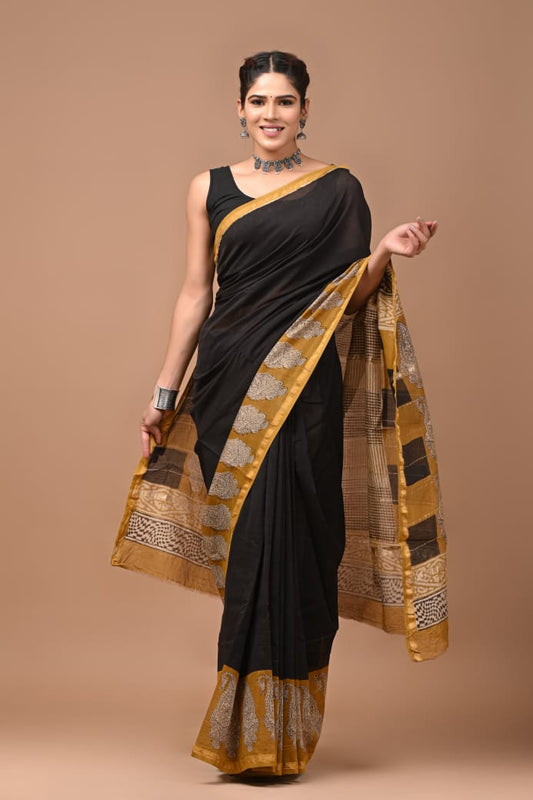 Black Plain Print Pure Chanderi Silk Saree with Blouse
