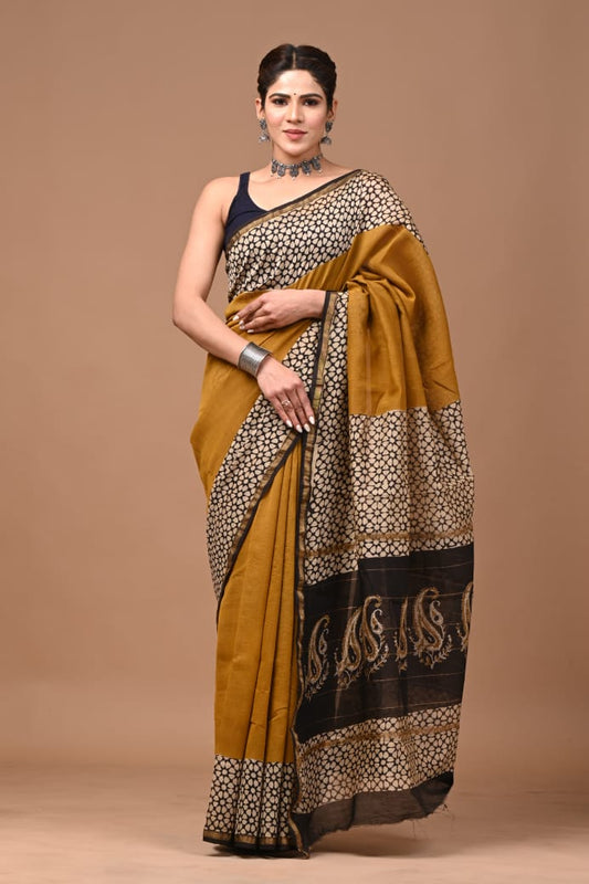 Dark Yellow Butii Print Pure Chanderi Silk Saree with Blouse