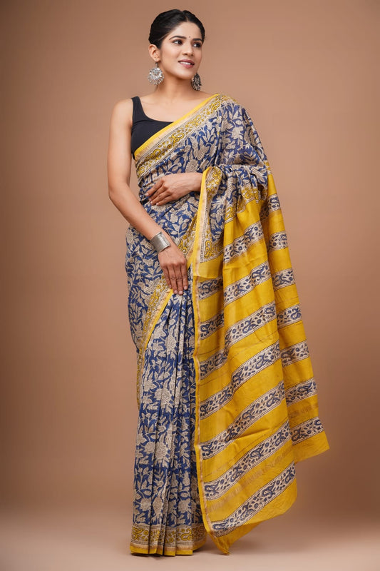 Blue & Yellow Floral Print Pure Chanderi Silk Saree with Blouse