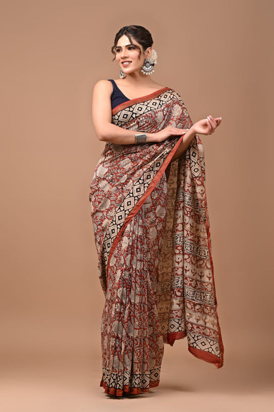 Red Floral Print Pure Chanderi Silk Saree with Blouse