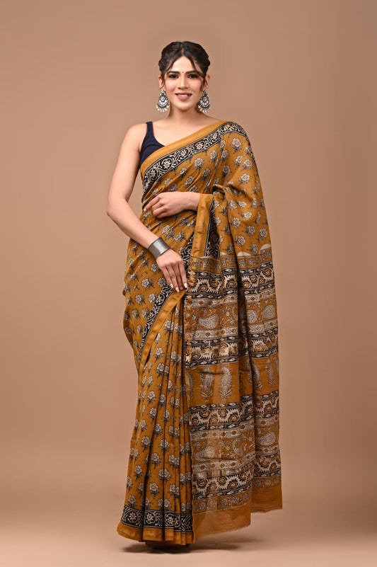 Dark Yellow Floral Print Pure Chanderi Silk Saree with Blouse