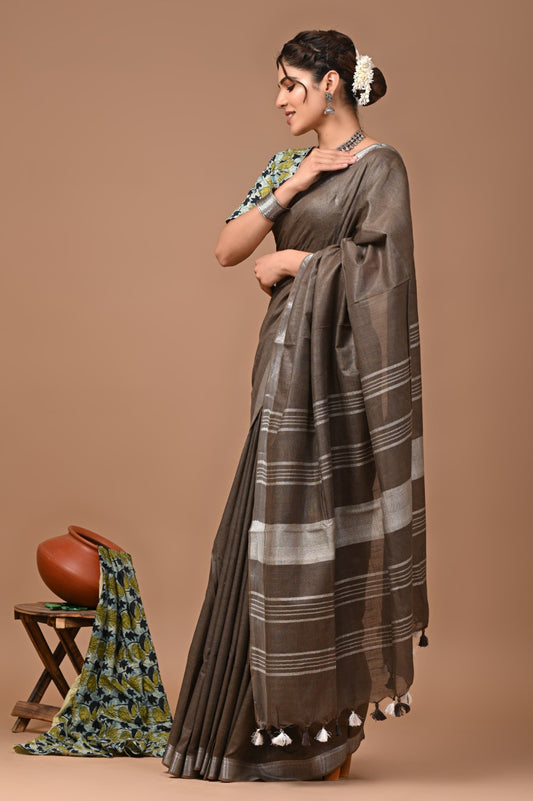 Dark Gray Linen Cotton Solid Plain Saree with Blouse