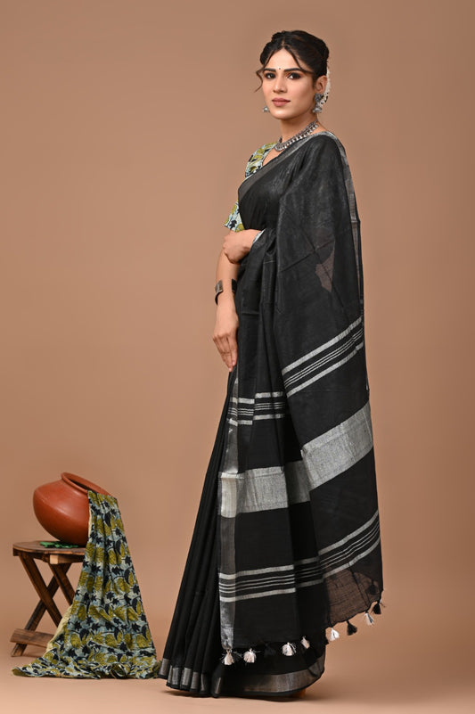 Black Linen Cotton Solid Plain Saree with Blouse