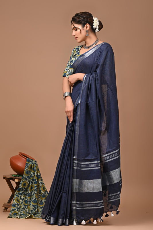 Blue Linen Cotton Solid Plain Saree with Blouse