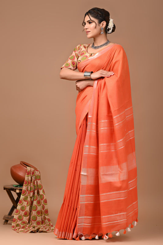 Orange Linen Cotton Solid Plain Saree with Blouse