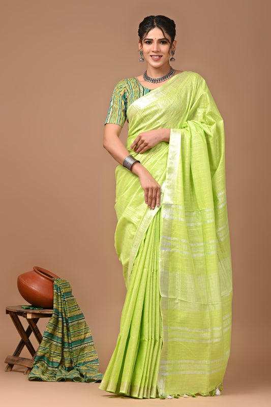 Light Green Linen Cotton Solid Plain Saree with Blouse