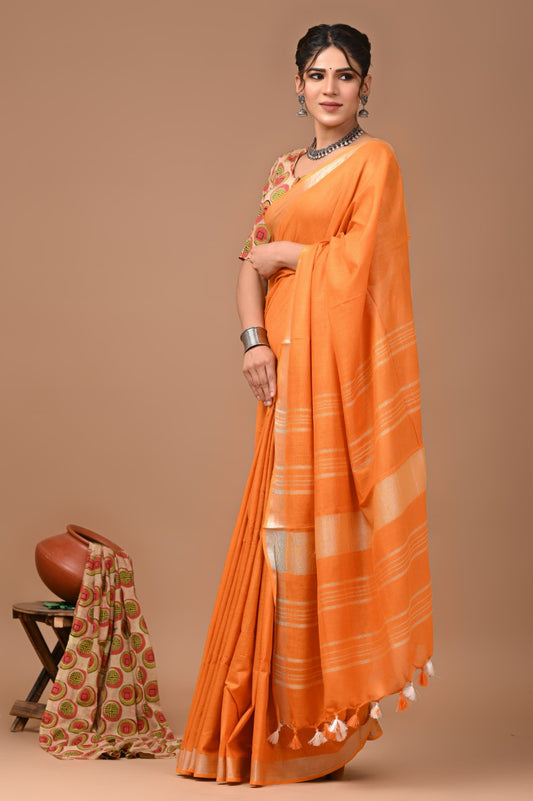 Light Orange Linen Cotton Solid Plain Saree with Blouse